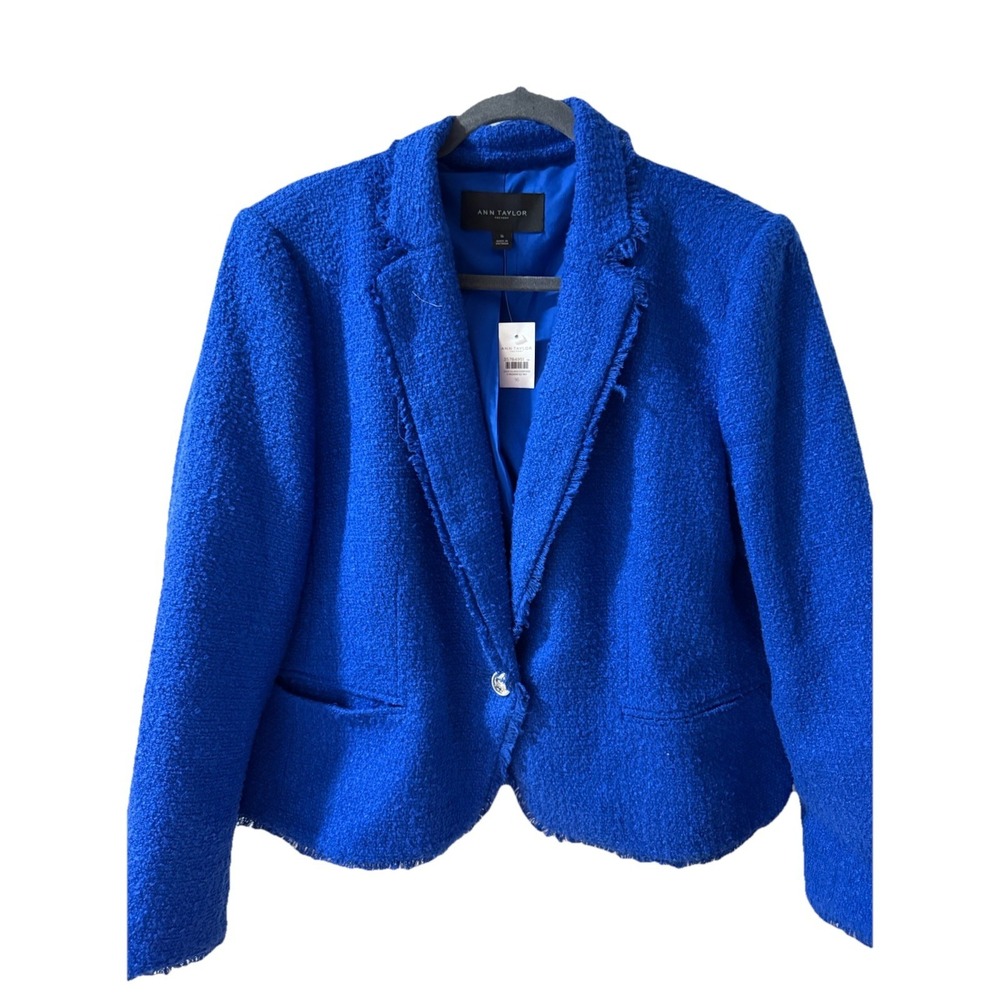 Ann Taylor Royal Blue Blazer Fringe Tweed Boulce Sz 16 Silver Button NWT